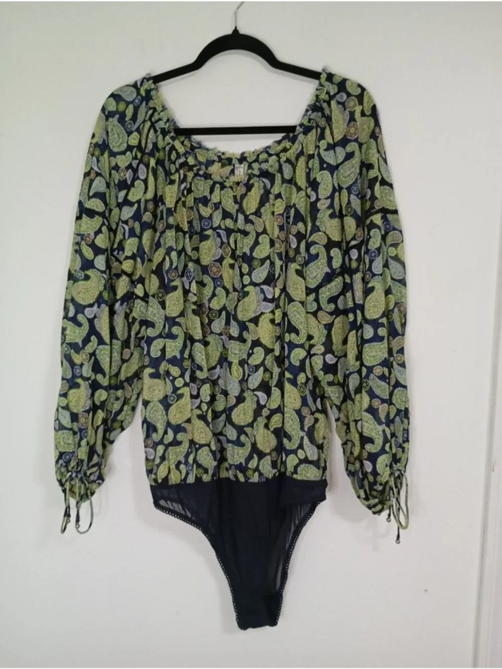 Free People Paisley Print Bodysuit Long Sleeves & Drawstring Cuffs XL Navy Green - Picture 2 of 13